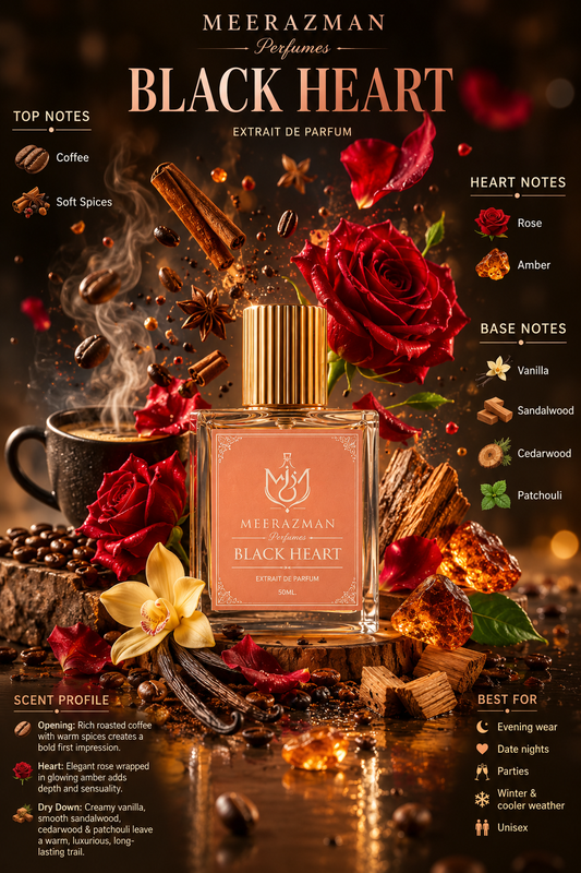 MEERAZMAN Black Heart Extrait De Parfum 50ml with coffee, rose, amber, vanilla, sandalwood, cedarwood and patchouli fragrance notes for evening wear and special occasions.