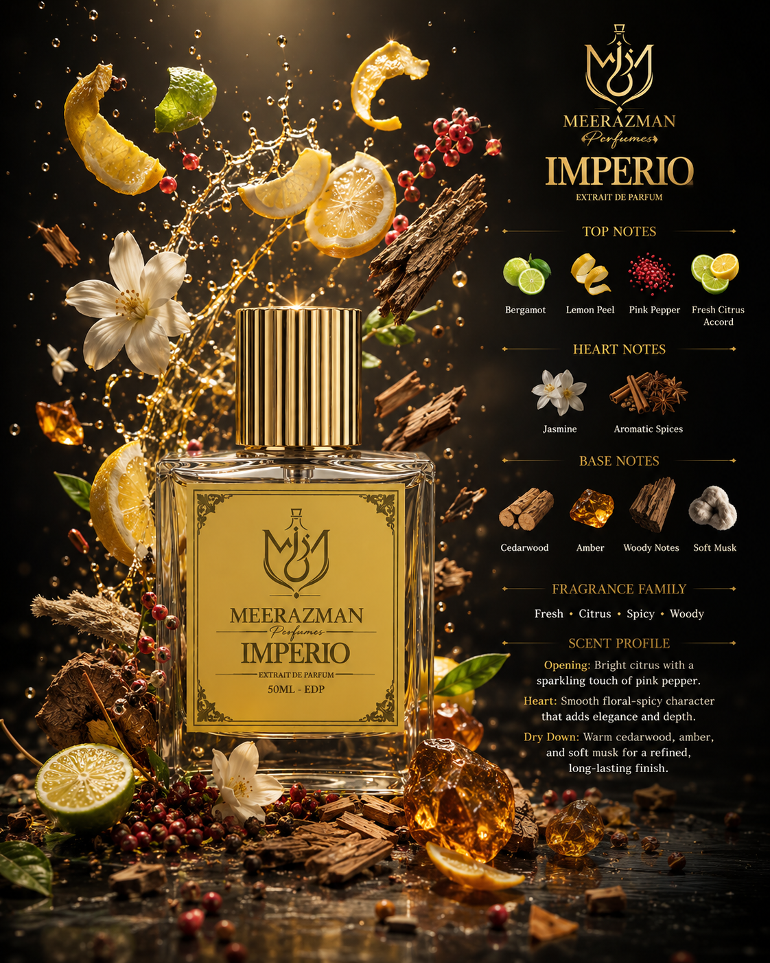 MEERAZMAN Imperio Extrait De Parfum 50ml with bergamot, lemon peel, pink pepper, jasmine, cedarwood, amber and soft musk fragrance notes for daily wear and office use.