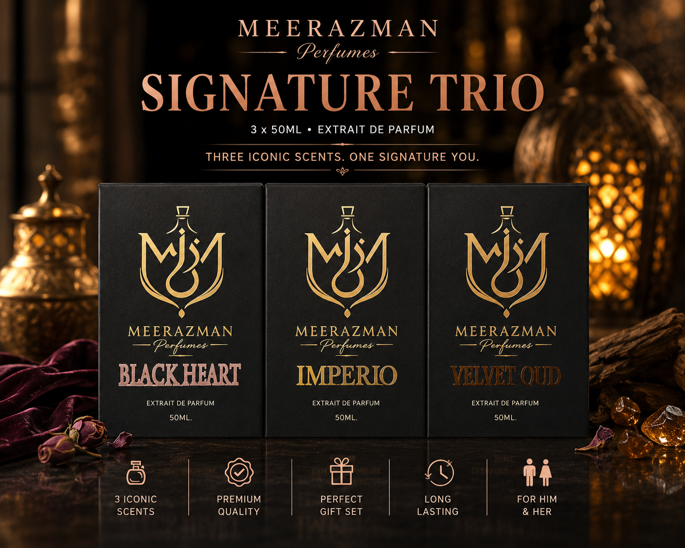 MEERAZMAN Signature Trio – 3×50ml Extrait De Parfum gift set featuring Black Heart, Imperio and Velvet Oud in premium luxury packaging.