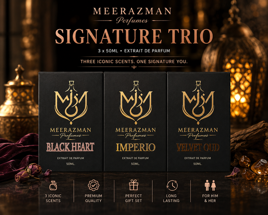 MEERAZMAN Signature Trio – 3×50ml Extrait De Parfum gift set featuring Black Heart, Imperio and Velvet Oud in premium luxury packaging.