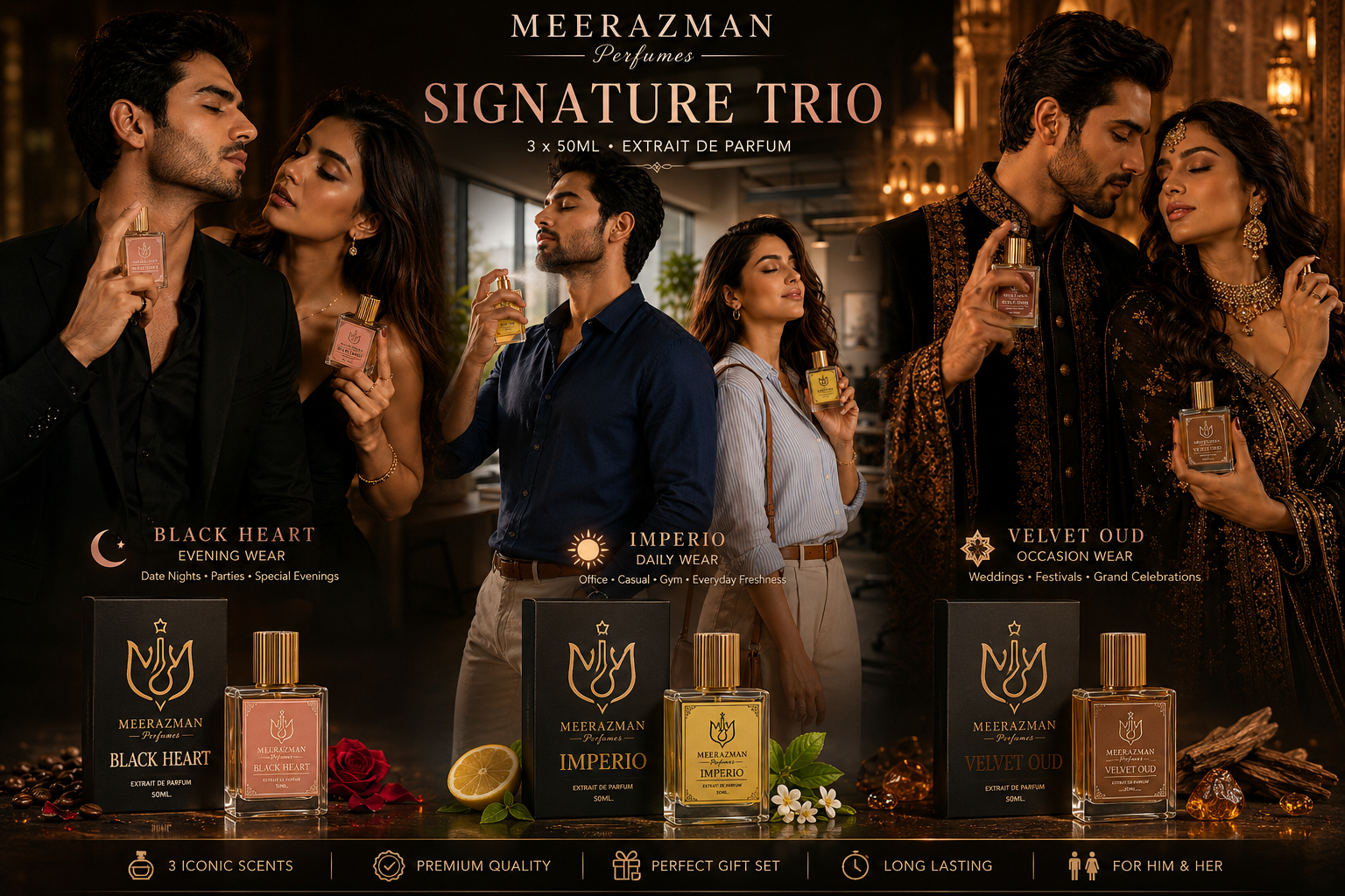 MEERAZMAN Signature Trio – Black Heart, Imperio & Velvet Oud Extrait De Parfum gift set for men and women, featuring fragrances for daily wear, evening wear and special occasions.
