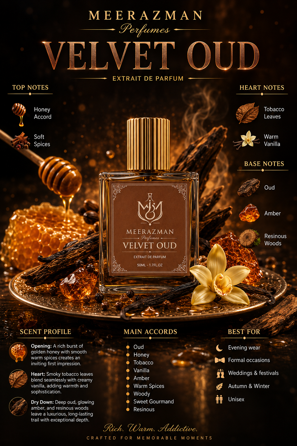 MEERAZMAN Velvet Oud Extrait De Parfum 50ml with oud, honey, tobacco, vanilla, amber and woody fragrance notes for evening wear, weddings and special occasions.