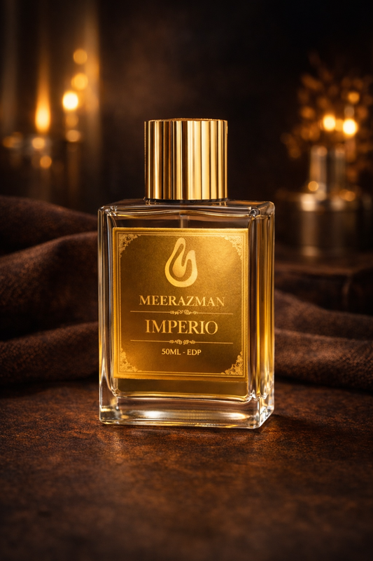 MEERAZMAN IMPERIO unisex Eau De Parfum bottle lifestyle shot with warm luxury lighting