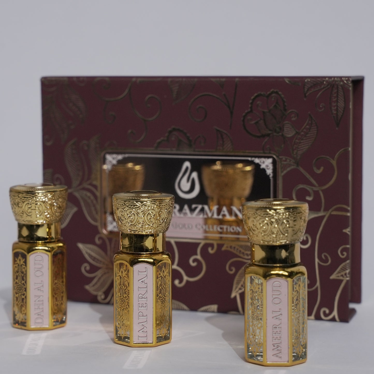 MEERAZMAN Imperial Gold Collection – Luxury Attar Gift Set (3 x 6ml) | Dahn Al Oud, Imperial & Ameer Al Oud