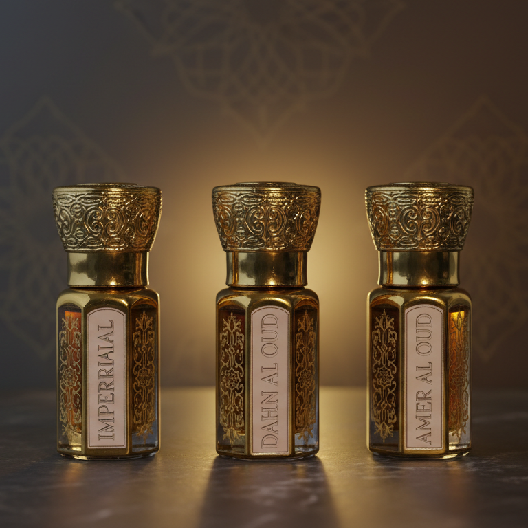 MEERAZMAN Imperial Gold Collection – Luxury Attar Gift Set (3 x 6ml) | Dahn Al Oud, Imperial & Ameer Al Oud