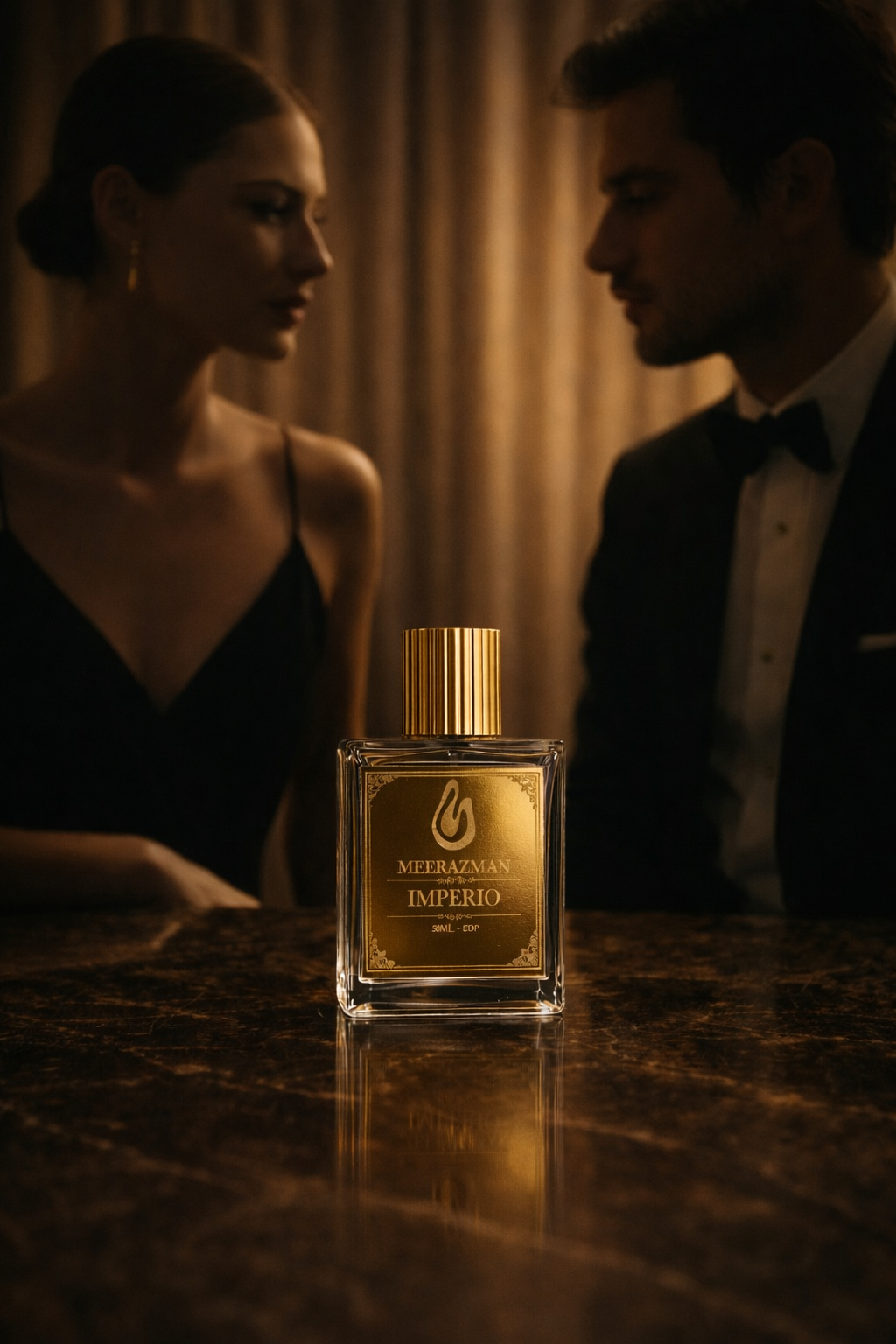MEERAZMAN IMPERIO unisex perfume bottle placed on a luxury table with an elegant man and woman in formal evening wear, showcasing a premium unisex Eau De Parfum experience.