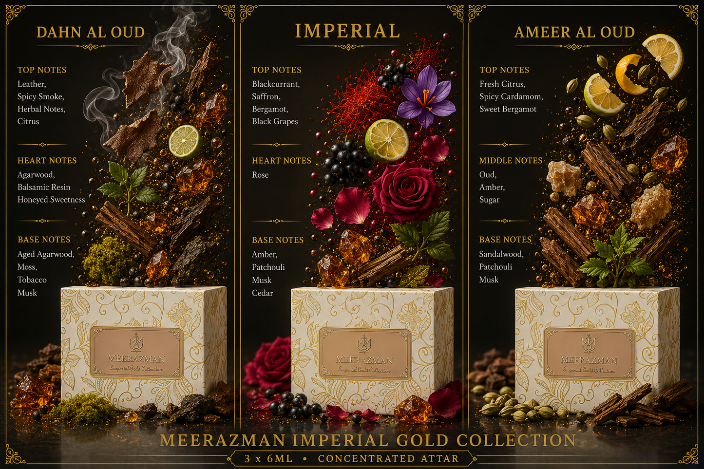 MEERAZMAN Imperial Gold Collection – Luxury Attar Gift Set (3 x 6ml) | Dahn Al Oud, Imperial & Ameer Al Oud