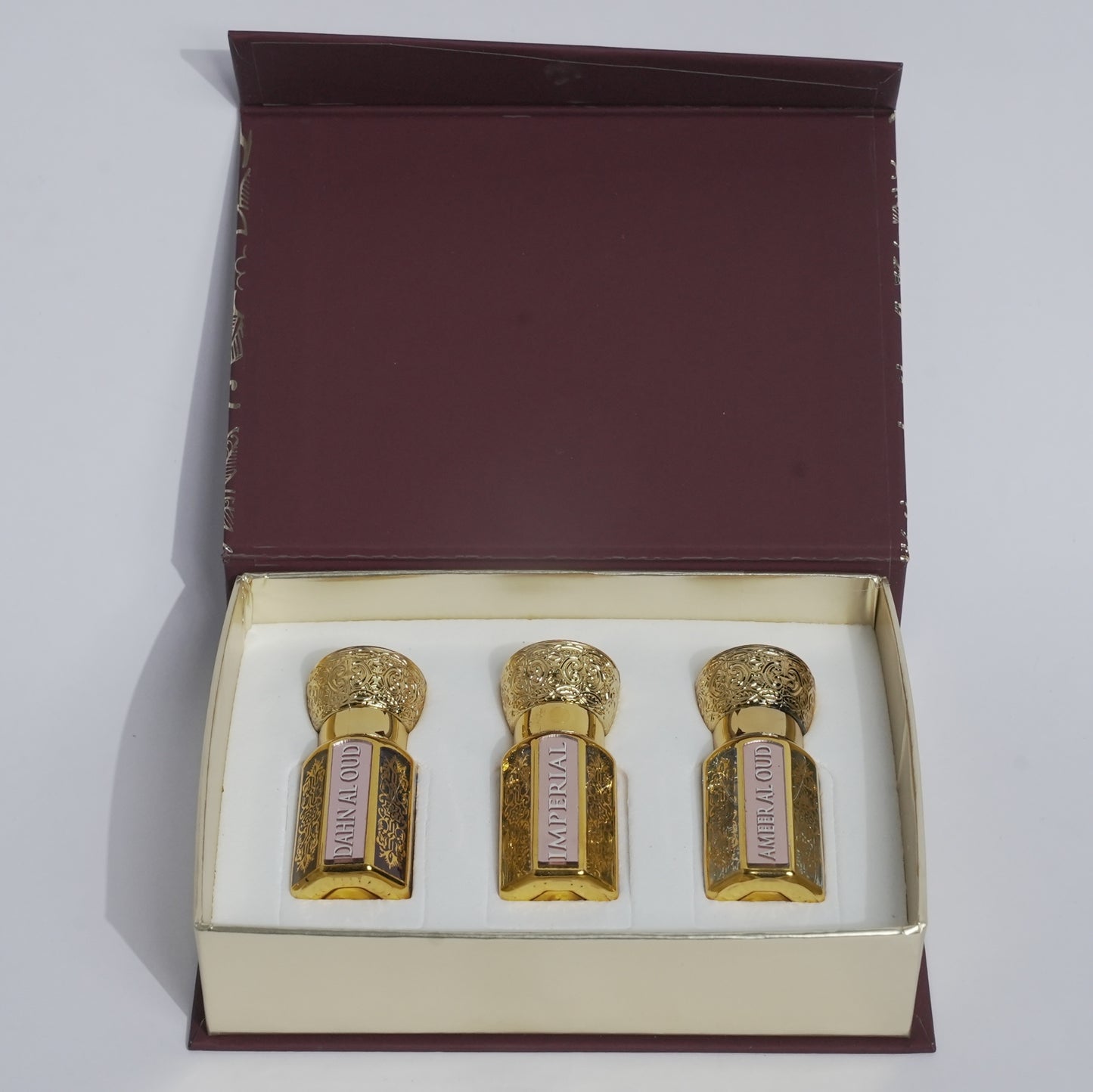 MEERAZMAN Imperial Gold Collection – Luxury Attar Gift Set (3 x 6ml) | Dahn Al Oud, Imperial & Ameer Al Oud